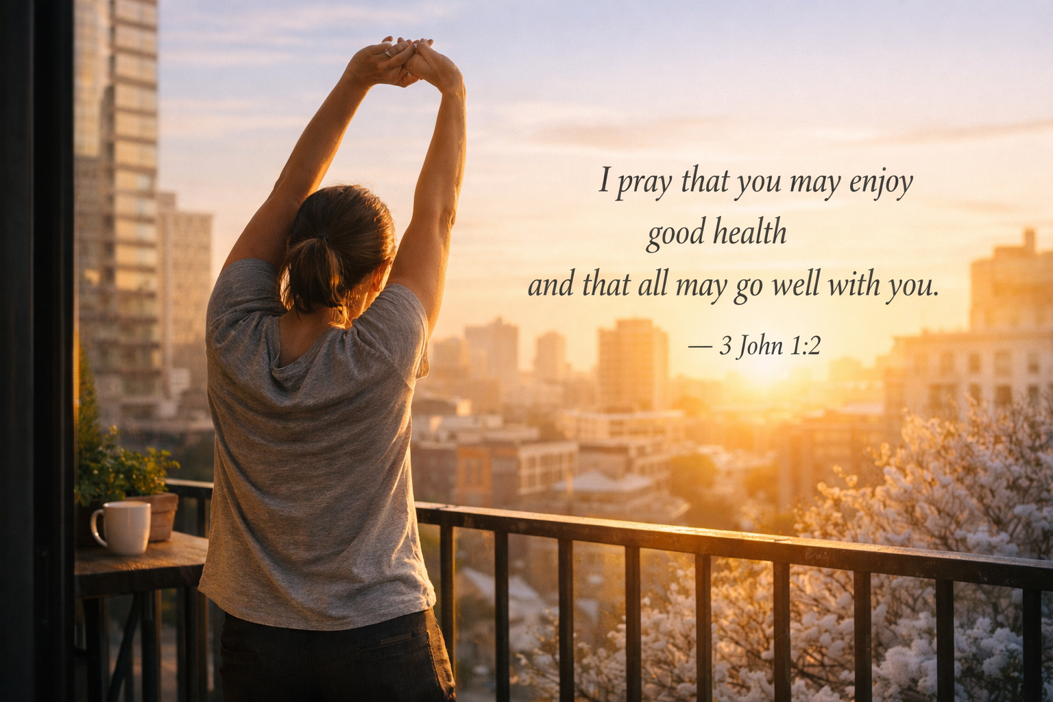 Person stretching on balcony at sunrise with urban skyline and warm morning light with 3 John 1:2 text